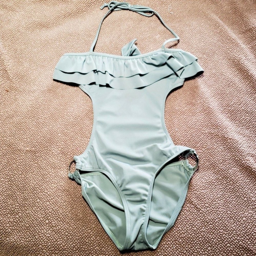 Seafolly Australia Swimsuit Size US 6 / AU 10 Grey Green Cutout Ruffle One Piece - Picture 7 of 11
